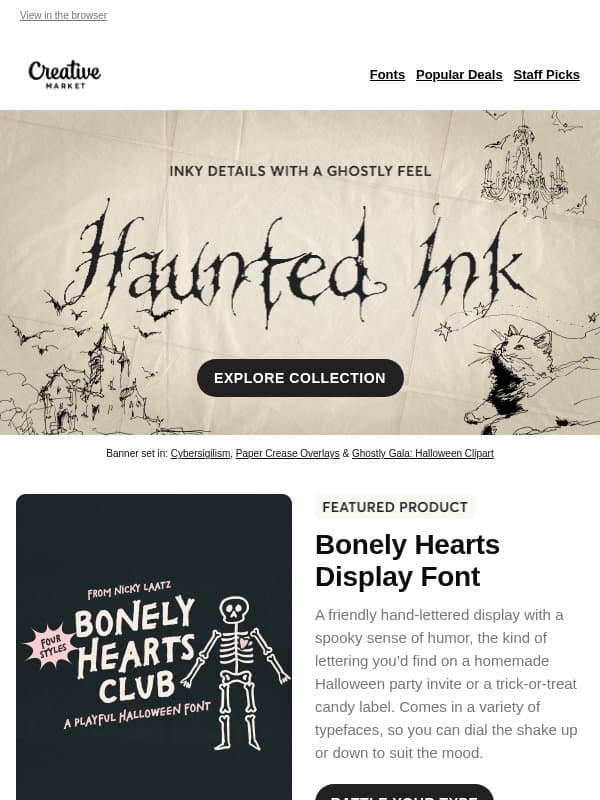 🦇 Haunted Ink: Inspired by leaky fountain pens, B-movie horror posters, and smoky jazz club marquees email from Creative Market