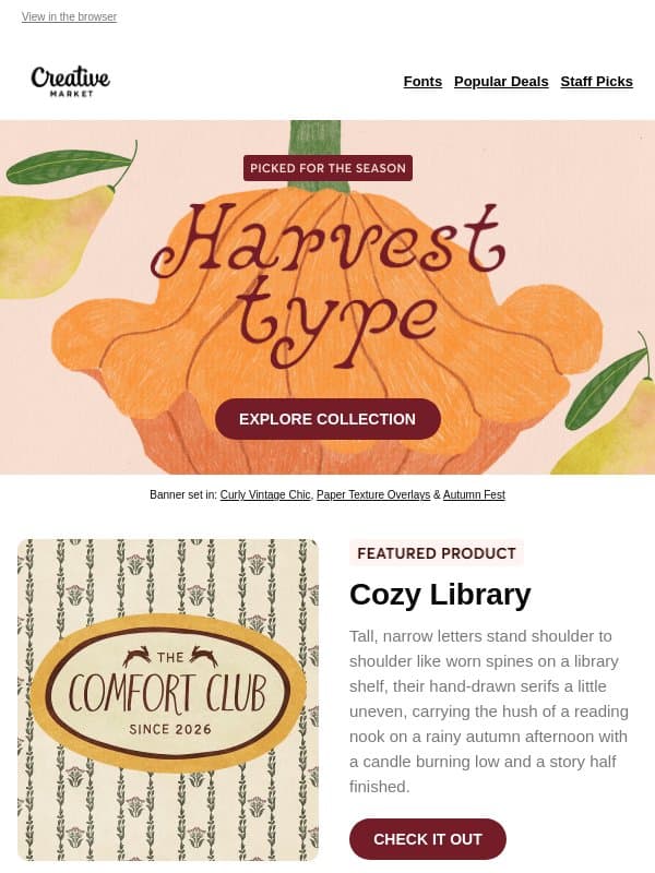 🍎 Harvest Type: Inspired by chalkboard farm stand signs, hand-lettered jam labels, and vintage harvest supper flyers email from Creative Market