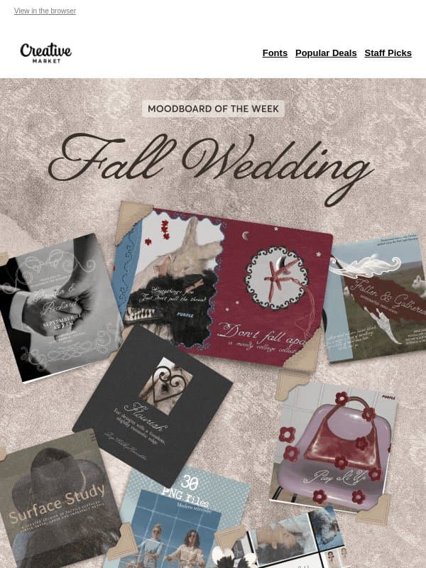🦢 Fall Wedding Moodboard: Burgundy ribbon, bouquet-pressed botanicals & candlelit vows email from Creative Market