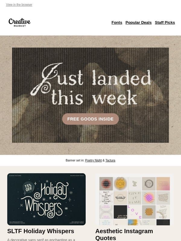 πΏ Free goods: Minimalist leaf line sketches, grainy 4K gradients & a festive font in 4 styles email from Creative Market