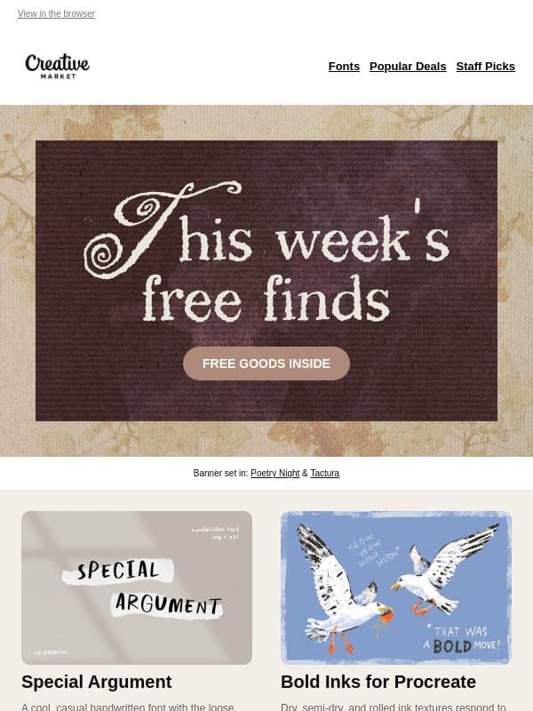 🖋️ Free goods: Gritty Procreate ink brushes, cozy café illustrations & a ceramic wine bottle mockup email from Creative Market