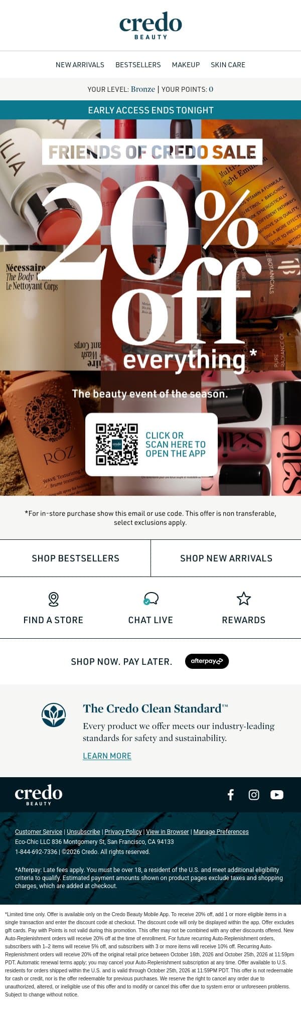 20% off—early access ends tonight email from Credo Beauty screenshot