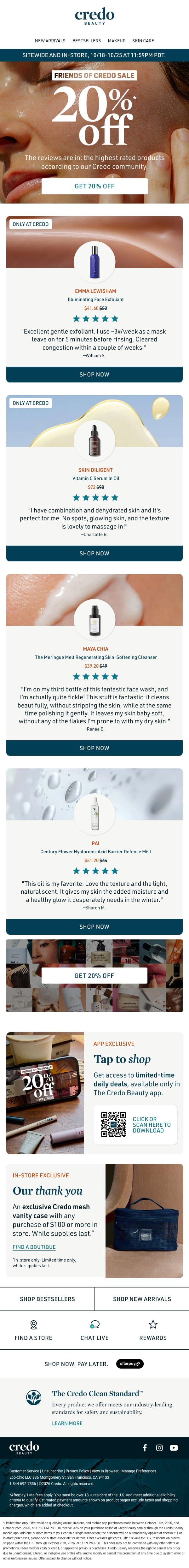 Ends Sunday: 20% off skincare with 5-star reviews email from Credo Beauty screenshot
