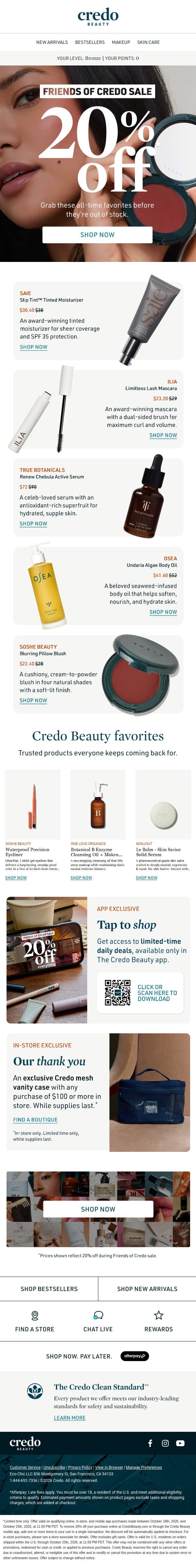 20% off everything, shop these favorites first email from Credo Beauty screenshot
