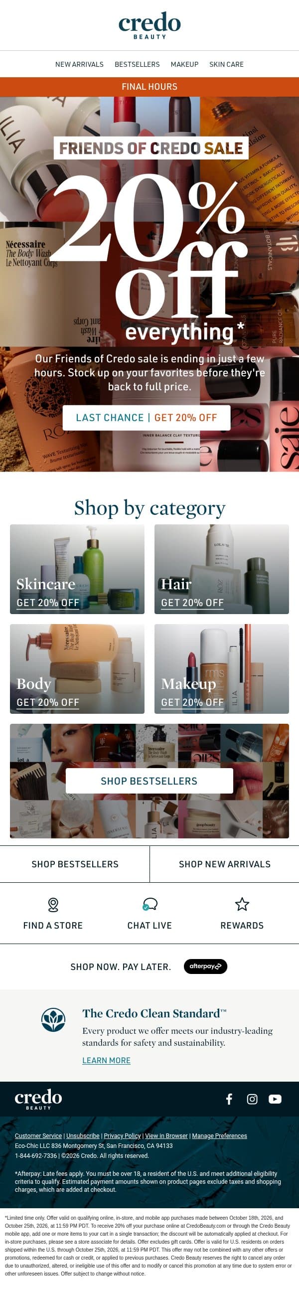 Final hours of 20% off sitewide email from Credo Beauty screenshot