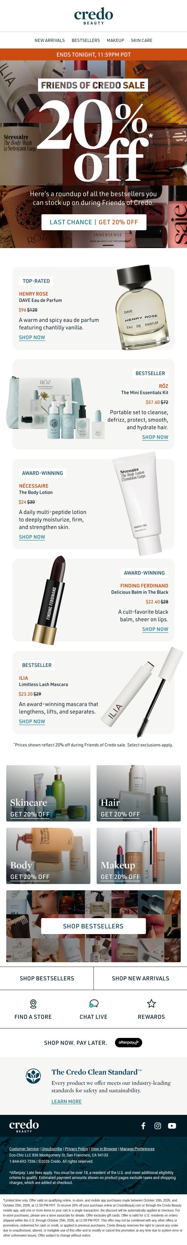 20% off sitewide ends tonight email from Credo Beauty screenshot