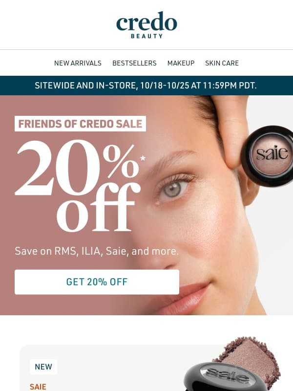 Friends of Credo Sale: 20% off all makeup email from Credo Beauty