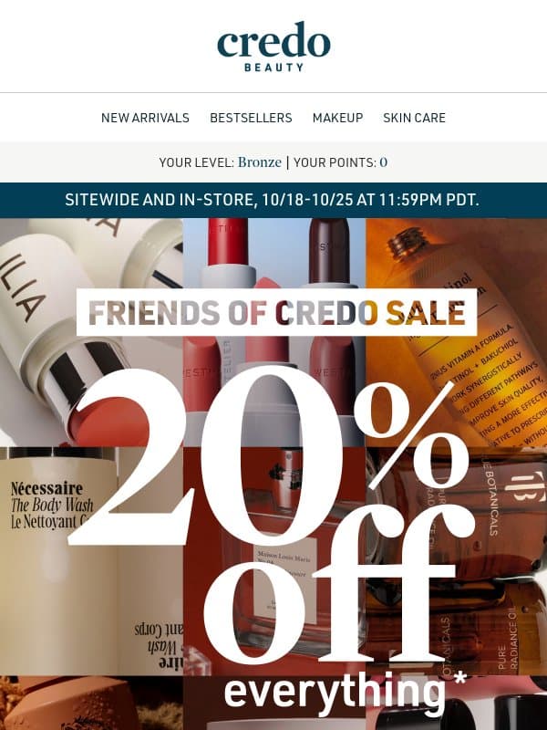 20% off everything for a limited time email from Credo Beauty