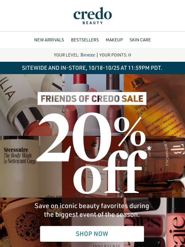 20% off bestsellers for a limited time email from Credo Beauty