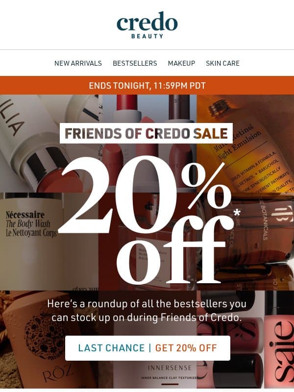 20% off sitewide ends tonight email from Credo Beauty