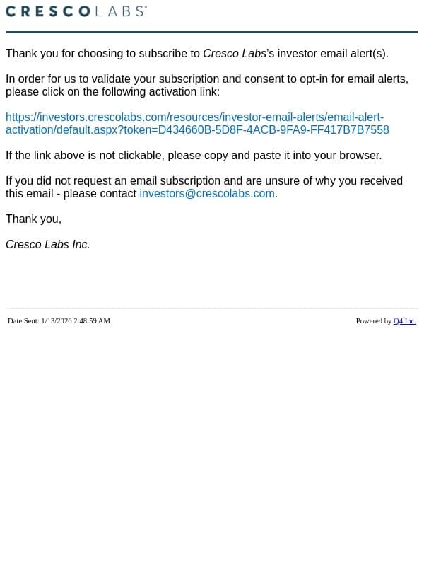Cresco Labs Inc. Website - Validate Account email from Cresco Labs screenshot