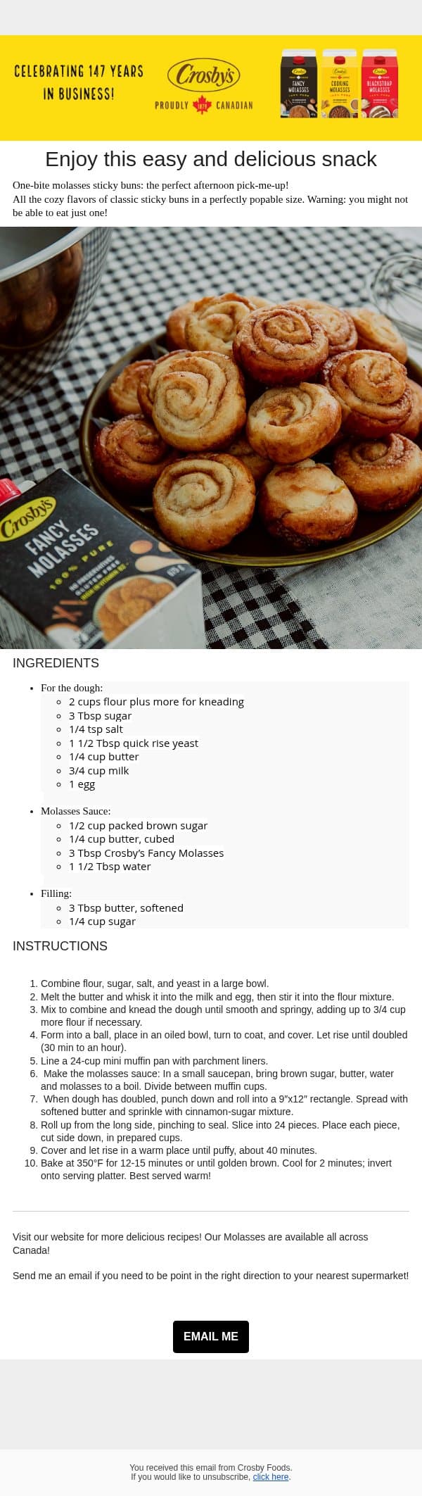 One Bite Sticky Buns email from Crosby's screenshot