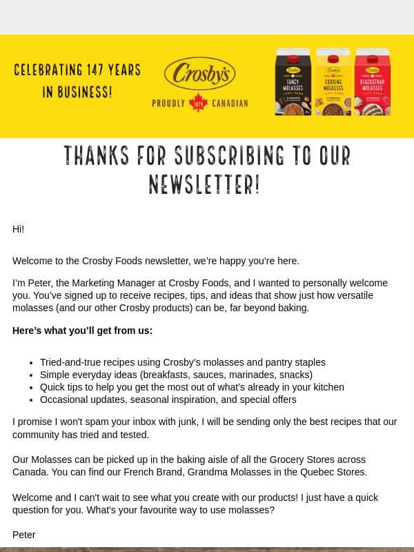 Welcome! From Our Crosby's Kitchen to yours! email from Crosby's