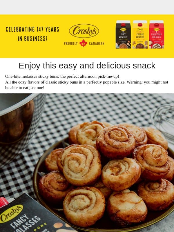 One Bite Sticky Buns email from Crosby's