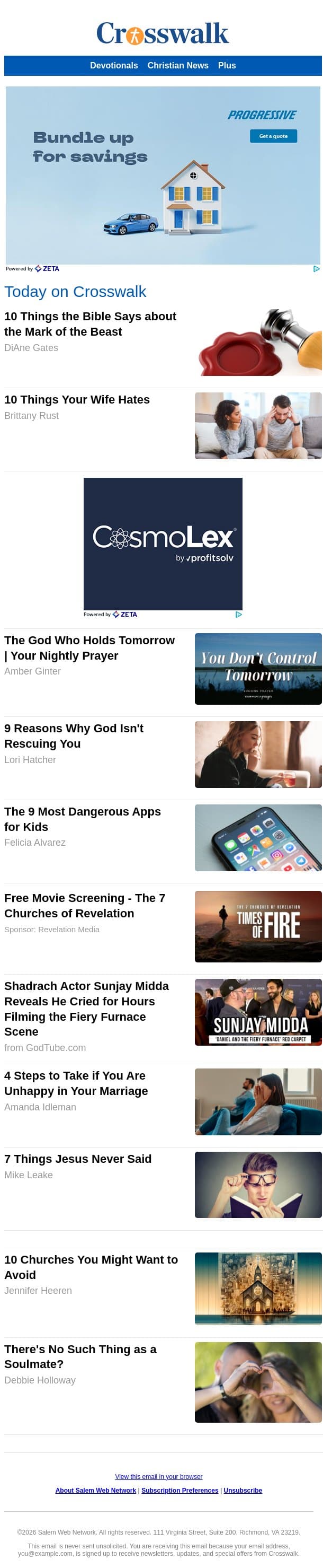 10 Things the Bible Says about the Mark of the Beast email from Crosswalk.com screenshot