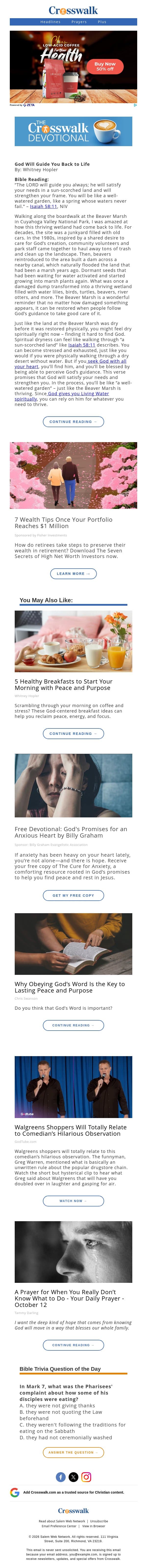 God Will Guide You Back to Life - The Crosswalk Devotional - October 14 email from Crosswalk.com screenshot