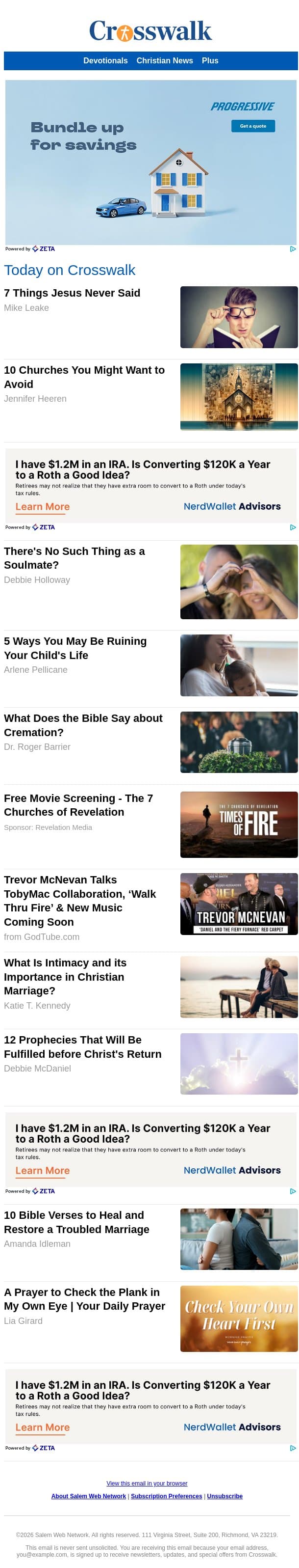 7 Things Jesus Never Said email from Crosswalk.com screenshot