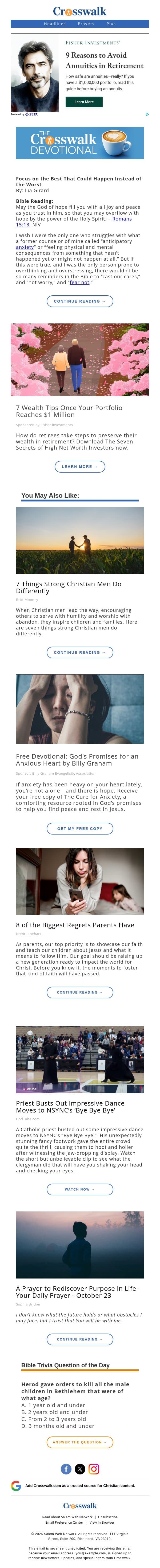 Focus on the Best That Could Happen Instead of the Worst - The Crosswalk Devotional - October 24 email from Crosswalk.com screenshot