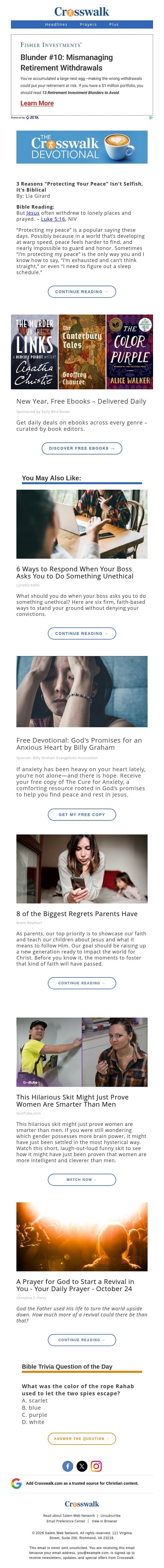 3 Reasons "Protecting Your Peace" Isn't Selfish, It's Biblical - The Crosswalk Devotional - October 27 email from Crosswalk.com screenshot