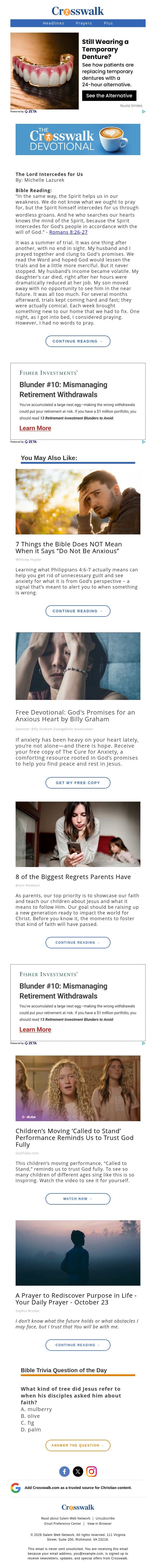 The Lord Intercedes for Us - The Crosswalk Devotional - October 26 email from Crosswalk.com screenshot