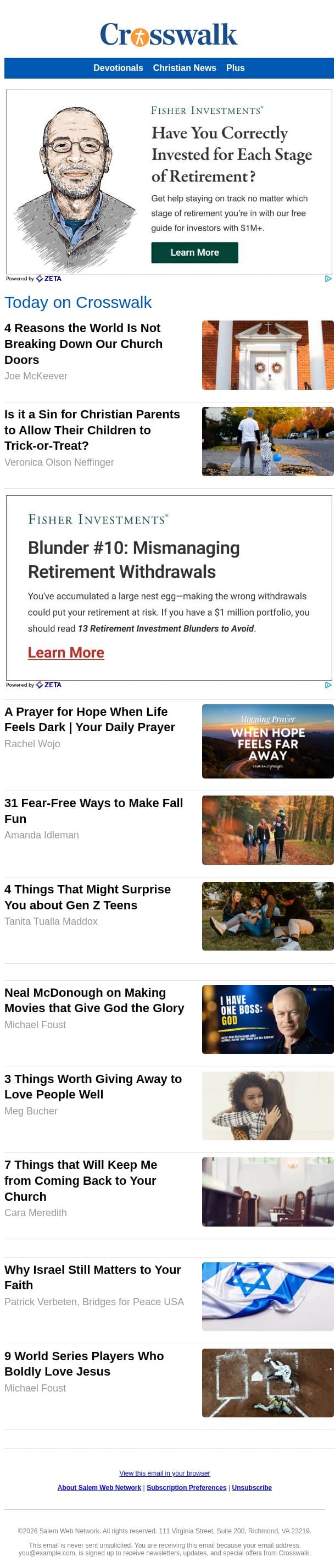 4 Reasons the World Is Not Breaking Down Our Church Doors email from Crosswalk.com screenshot