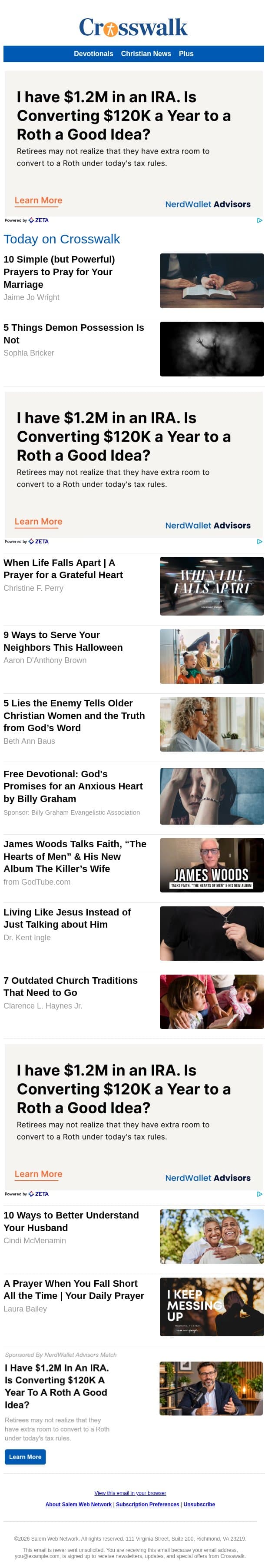 10 Simple (but Powerful) Prayers to Pray for Your Marriage email from Crosswalk.com screenshot