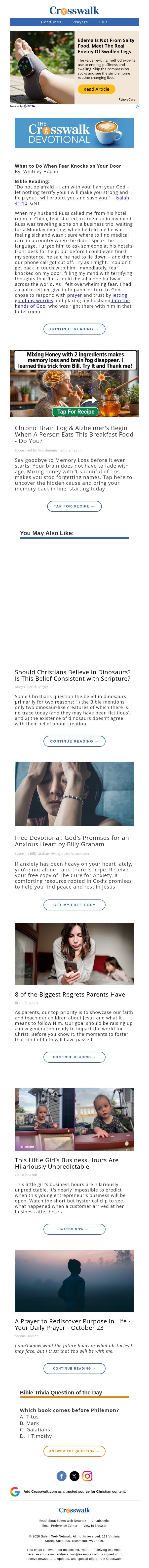 What to Do When Fear Knocks on Your Door - The Crosswalk Devotional - October 25 email from Crosswalk.com screenshot