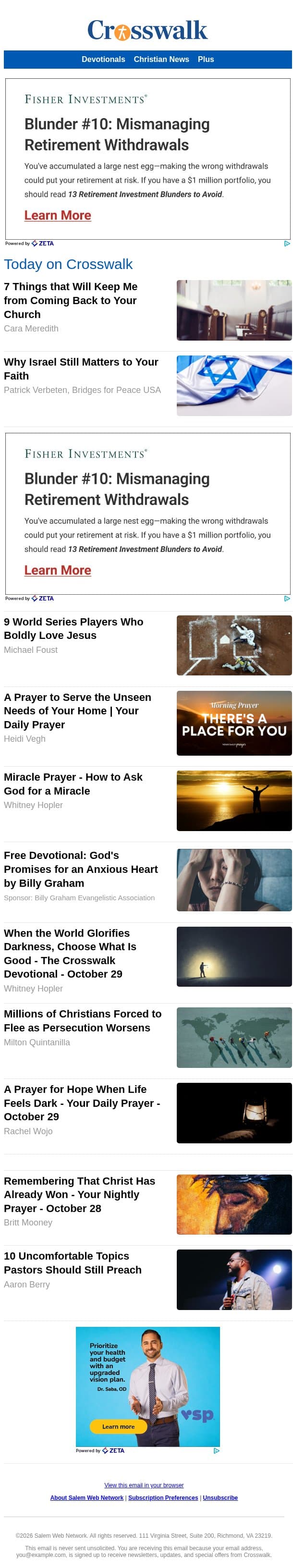 7 Things that Will Keep Me from Coming Back to Your Church email from Crosswalk.com screenshot