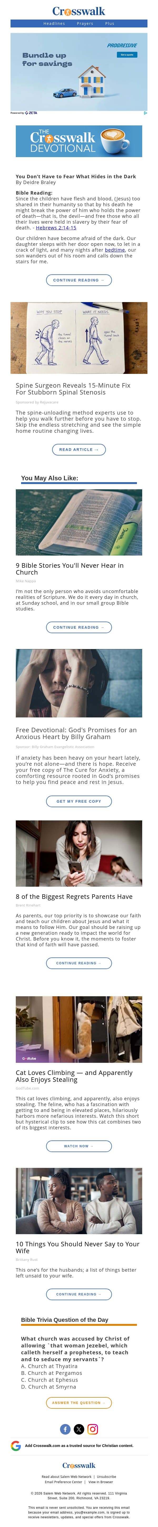 You Don’t Have to Fear What Hides in the Dark - The Crosswalk Devotional - October 22 email from Crosswalk.com screenshot