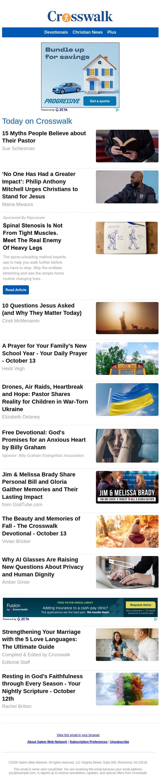 15 Myths People Believe about Their Pastor email from Crosswalk.com screenshot