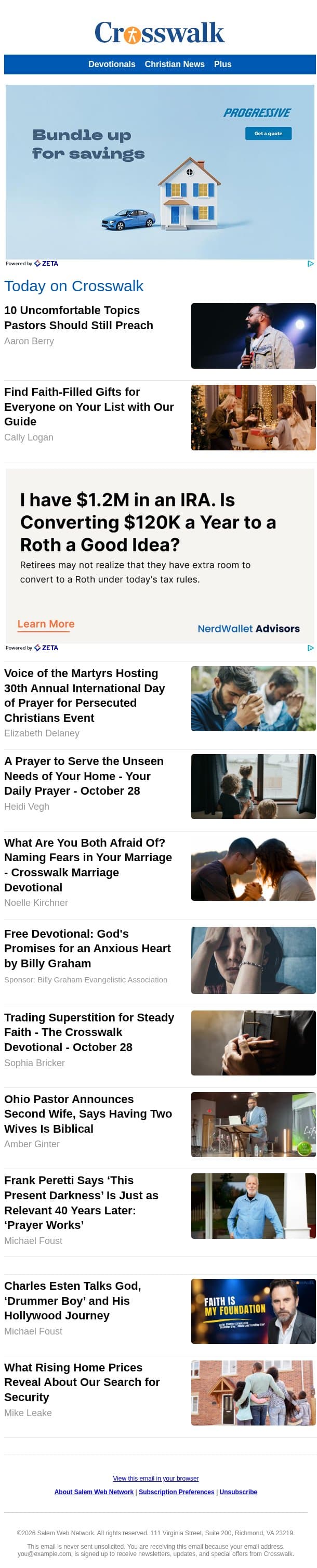 10 Uncomfortable Topics Pastors Should Still Preach email from Crosswalk.com screenshot
