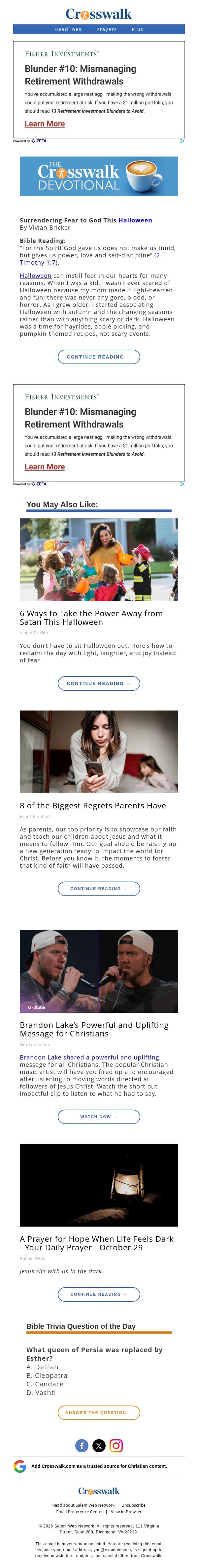 Surrendering Fear to God This Halloween - The Crosswalk Devotional - October 31 email from Crosswalk.com screenshot