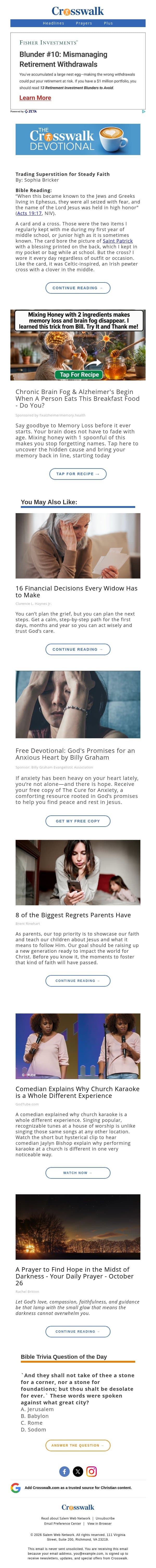Trading Superstition for Steady Faith - The Crosswalk Devotional - October 28 email from Crosswalk.com screenshot