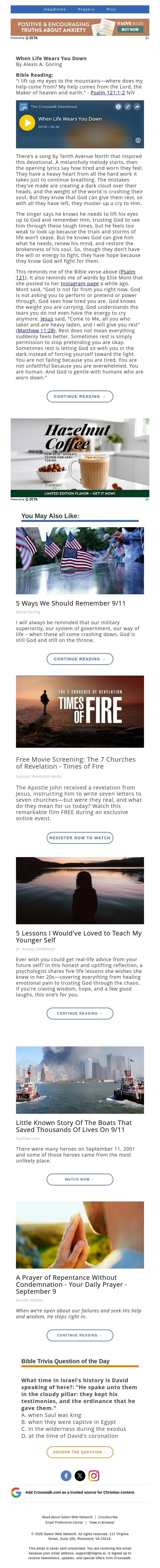 When Life Wears You Down - The Crosswalk Devotional - September 11 email from Crosswalk.com screenshot