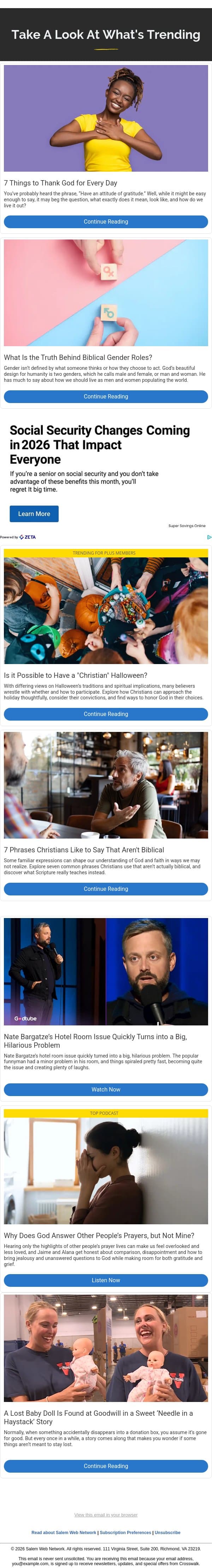 7 Things to Thank God for Every Day email from Crosswalk.com screenshot