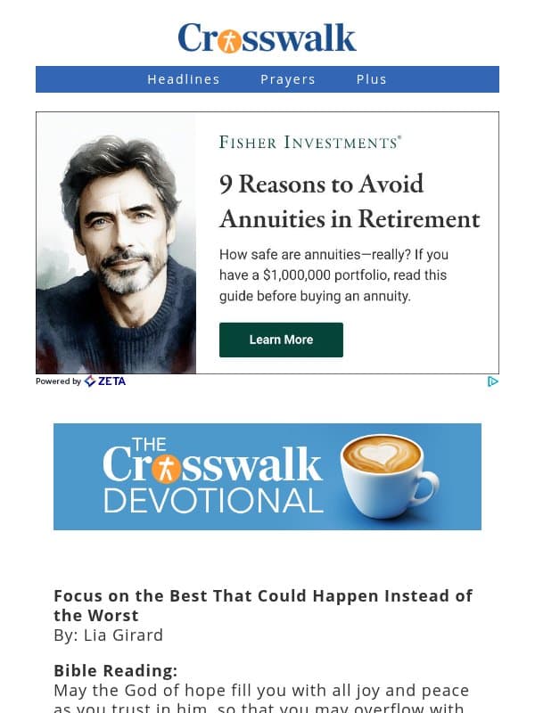 Focus on the Best That Could Happen Instead of the Worst - The Crosswalk Devotional - October 24 email from Crosswalk.com
