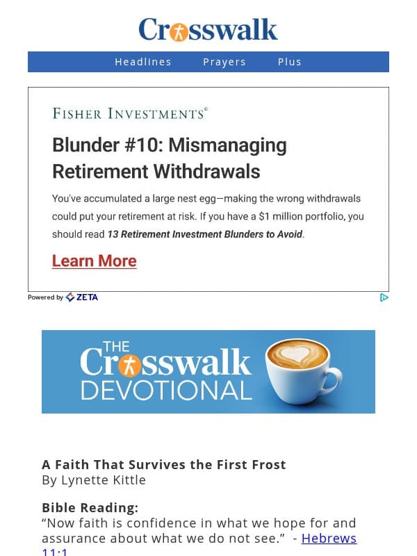 A Faith That Survives the First Frost - The Crosswalk Devotional - October 30 email from Crosswalk.com