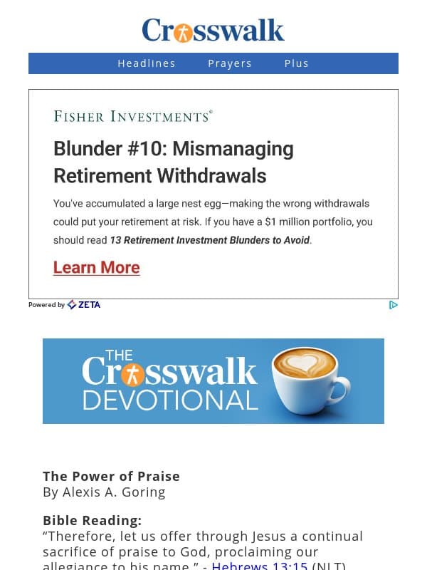 The Power of Praise - The Crosswalk Devotional - October 15 email from Crosswalk.com
