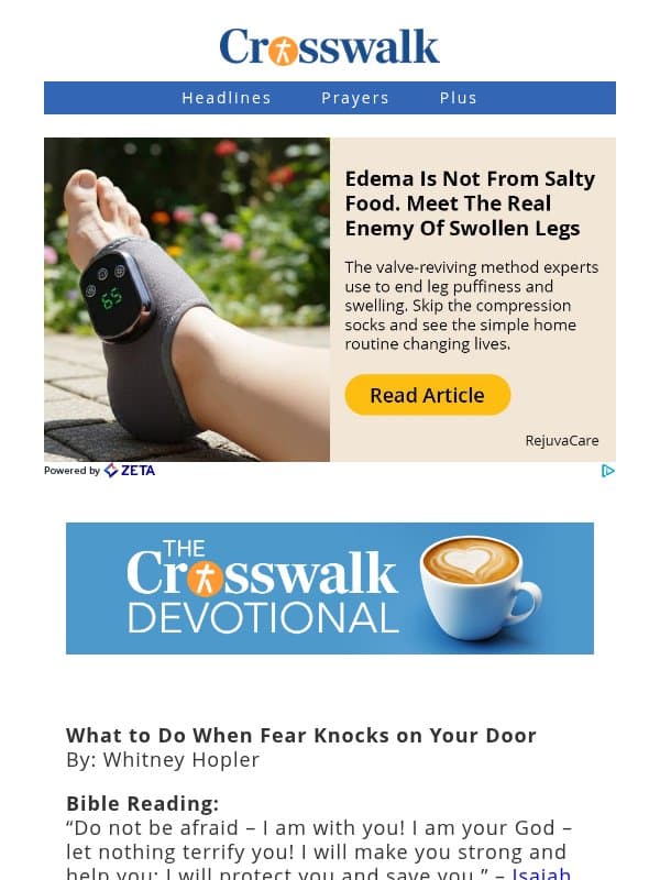What to Do When Fear Knocks on Your Door - The Crosswalk Devotional - October 25 email from Crosswalk.com