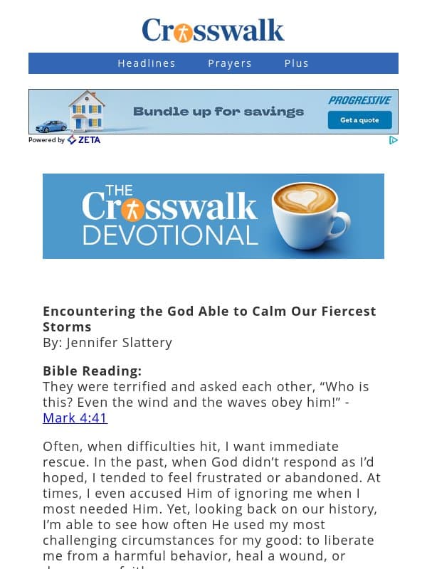Encountering the God Able to Calm Our Fiercest Storms - The Crosswalk Devotional - October 23 email from Crosswalk.com