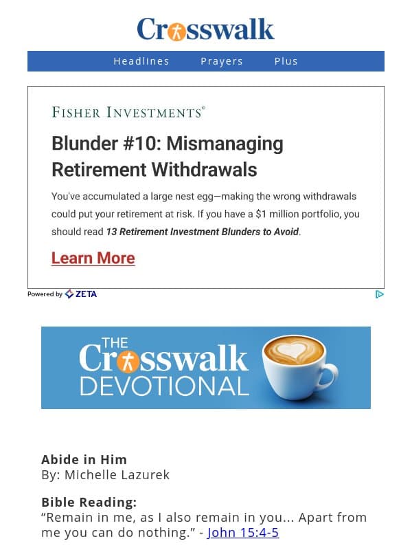Abide in Him - The Crosswalk Devotional - October 18 email from Crosswalk.com