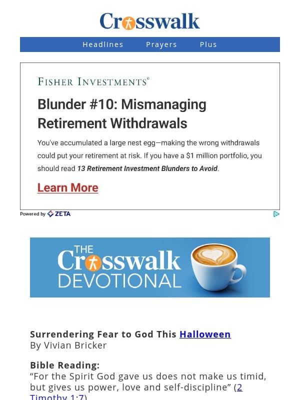 Surrendering Fear to God This Halloween - The Crosswalk Devotional - October 31 email from Crosswalk.com