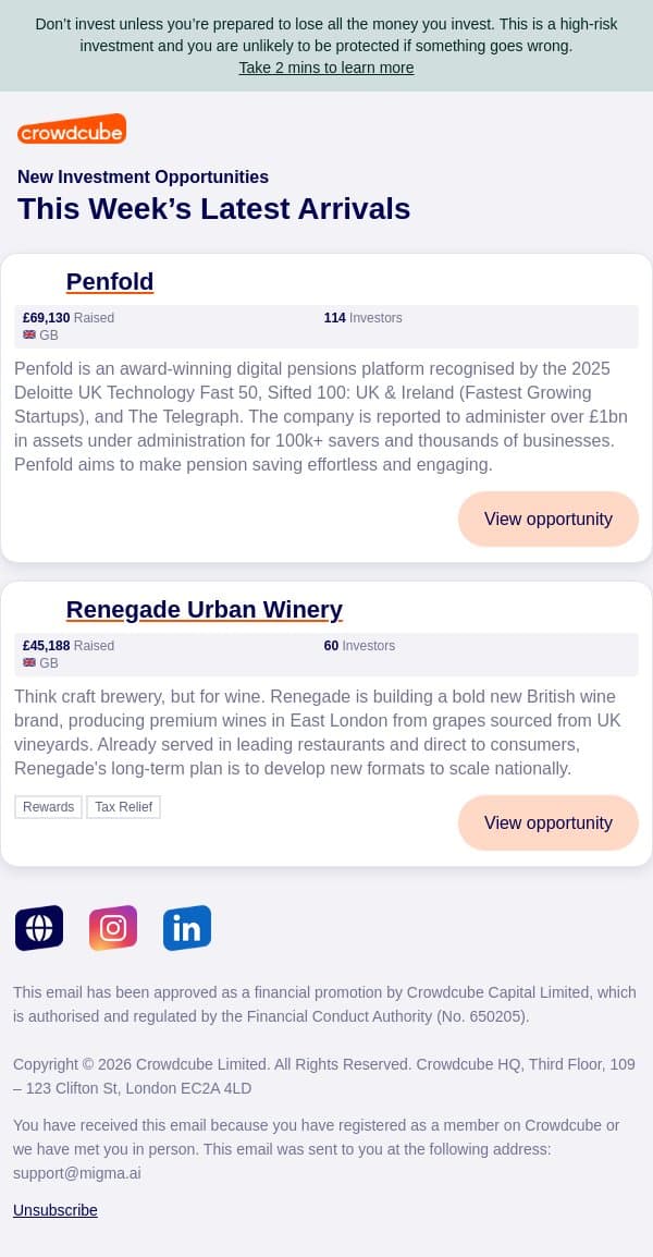 adam, your weekly update email from Crowdcube screenshot