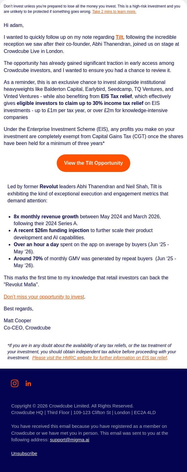 Follow-up on the EIS Qualifying Tilt Opportunity email from Crowdcube screenshot