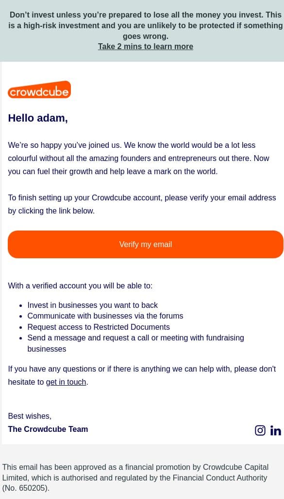 Welcome to Crowdcube email from Crowdcube screenshot