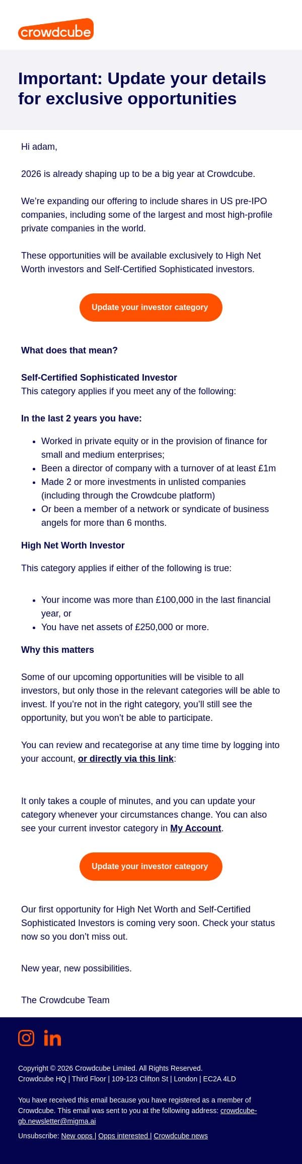 Important: Update your details for exclusive opportunities email from Crowdcube screenshot