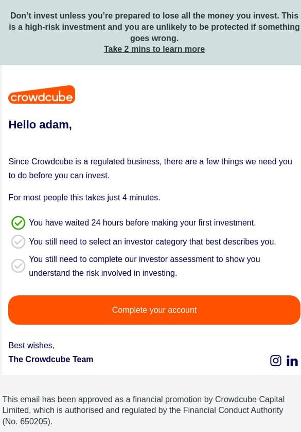 You're almost ready to invest email from Crowdcube screenshot