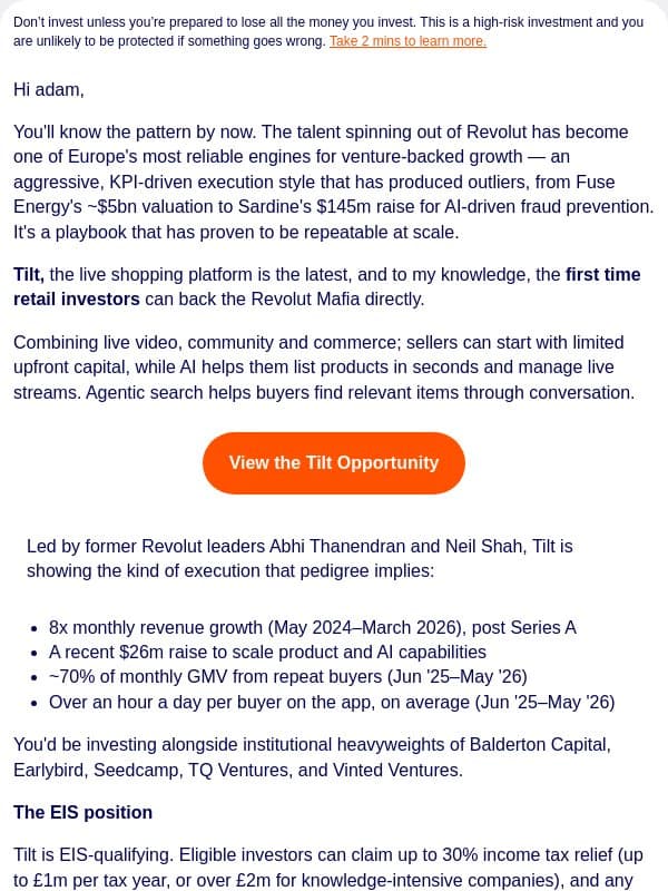 Backing the "Revolut Mafia" — the EIS-qualifying Tilt opportunity email from Crowdcube