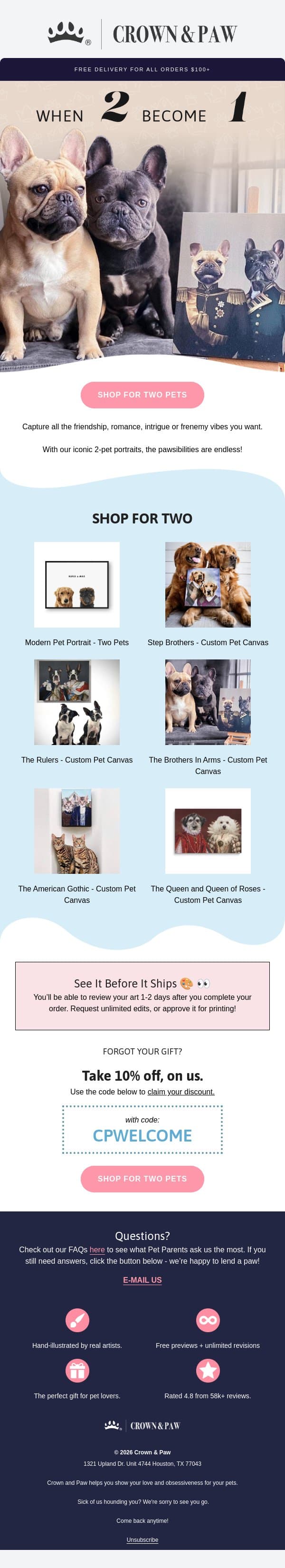 Attached at the Paw 🐾 email from Crown & Paw screenshot