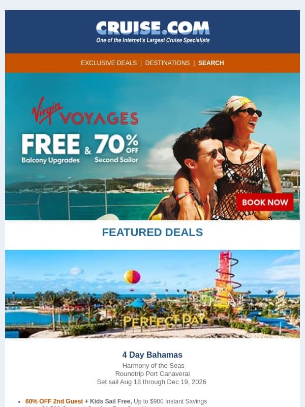 🌴 FREE Room Upgrades, up to $1,700 Cash Back & more! email from Cruise